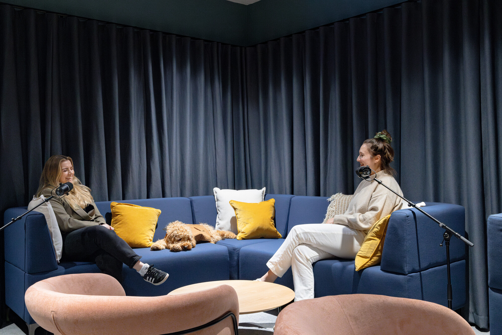 Work.Life Courtyard Building blue radio room, with acoustic adaptations, microphones and a large audio system.