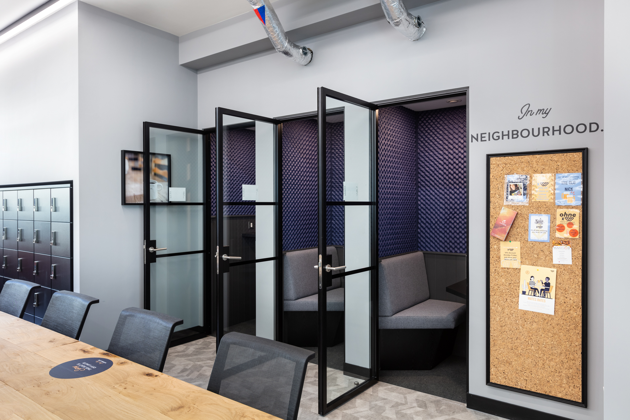 Quiet soundproof booths in Work.life Red Lion Street, designed by Two to provide a workspace haven for focused tasks and private conversations.
